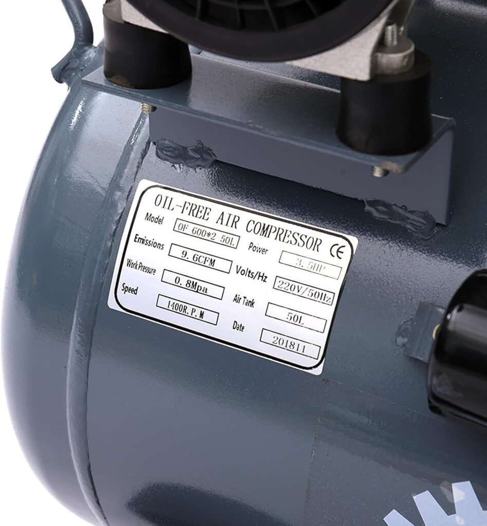 50L Air Compressor, Oil Free, 9.6cfm, 3.5HP/2.6kw, 115psi/8bar, Low Noise, Maintenance Free Compressor with Pressure Gauges for Tire Pumping, Car Grooming, Home Spray-Painting, Nailing, Grey