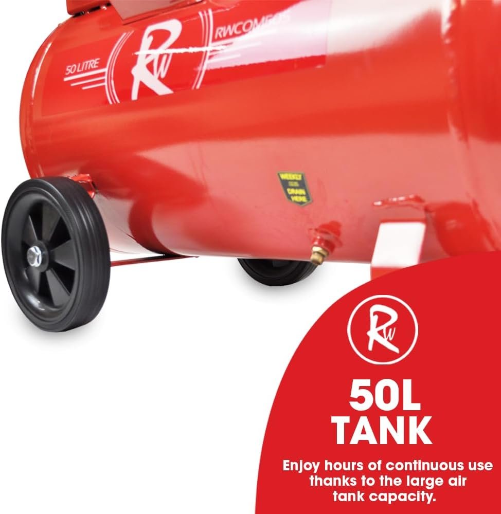 Air Compressor Electric 50L Litre 2HP 1500w Silent Portable Oil Free 8bar 116psi 11CFM Workshop Garage 230v Pin 13amp UK Plug Red Low Noise 39kg