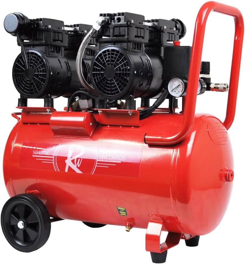 Air Compressor Electric 50L Litre 2HP 1500w Silent Portable Oil Free 8bar 116psi 11CFM Workshop Garage 230v Pin 13amp UK Plug Red Low Noise 39kg