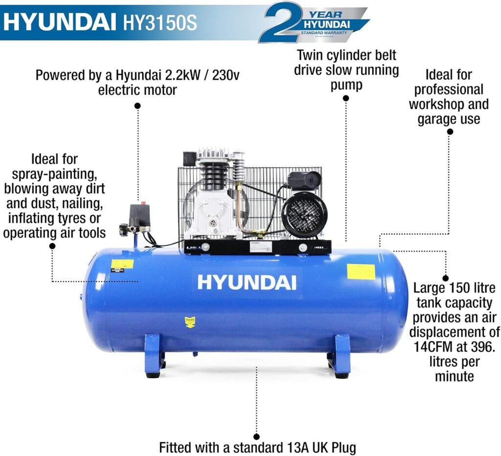 Hyundai 150L Air Compressor 3HP Twin Cylinder Belt Drive, 14CFM 145psi Low Noise Electric Workshop Compressor for Tools, Spray Painting Inflation Hyundai 150L Air Compressor 3HP Twin Cylinder Belt Drive, 14CFM 145psi Low Noise Electric Workshop Compressor for Tools, Spray Painting Inflation