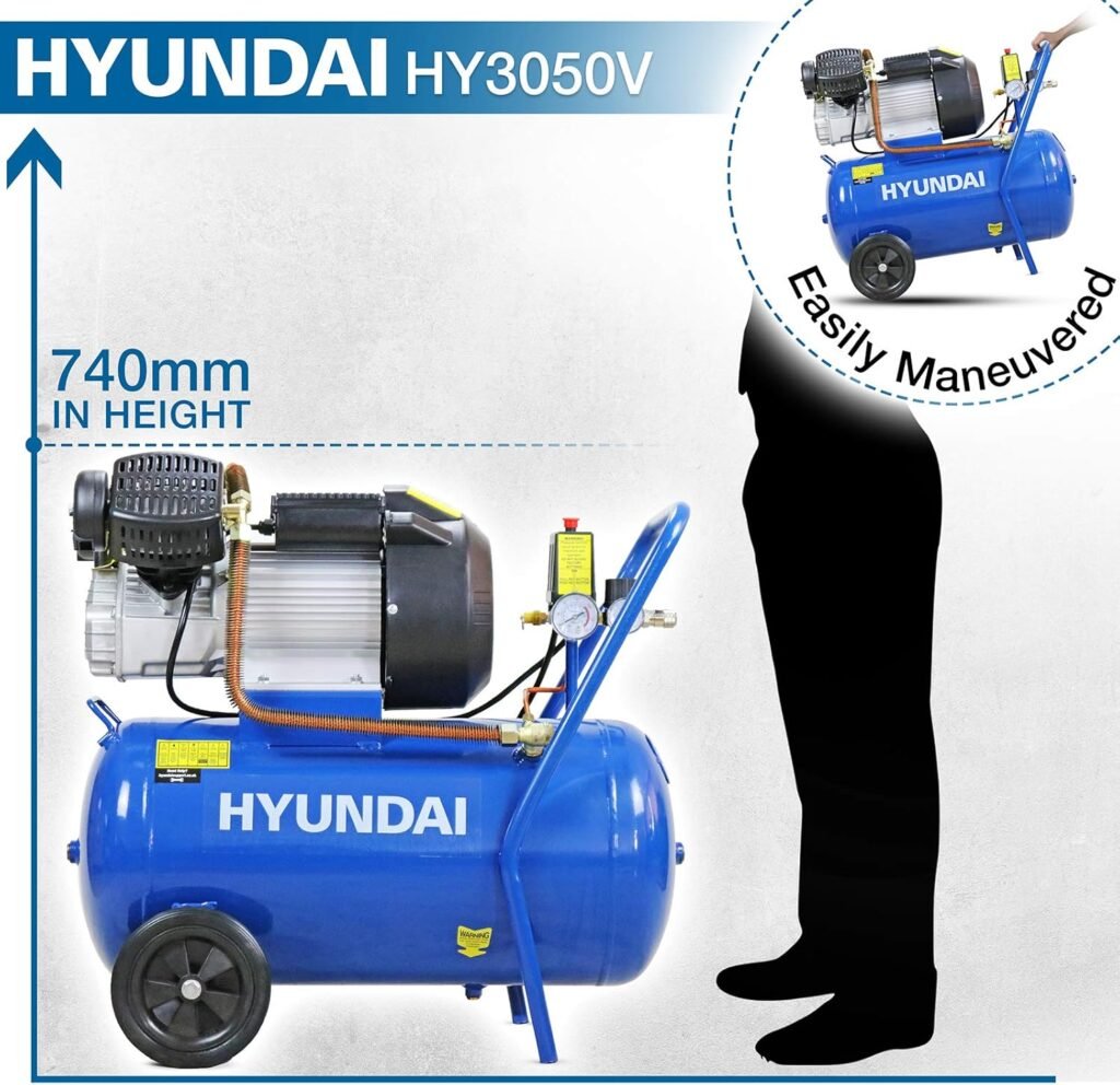 Hyundai Litre Portable Air Compressor, 2.2kW, 116psi/14CFM, 3HP Air Compressor, Direct Drive V-Twin with Piece Tool kit, Euro Quick Release Fittings, Year Warranty Blue