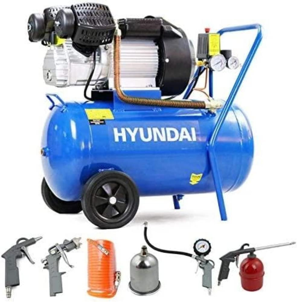 Hyundai Litre Portable Air Compressor, 2.2kW, 116psi/14CFM, 3HP Air Compressor, Direct Drive V-Twin with Piece Tool kit, Euro Quick Release Fittings, Year Warranty Blue