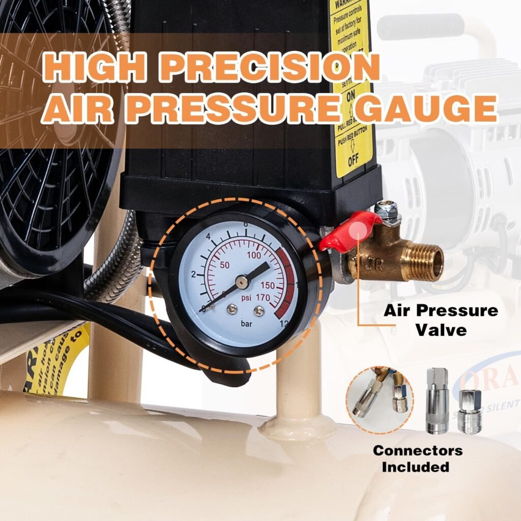 ORAZIO Air Compressor Oil Free Litre, 550W 116PSI Low Noice Silent Portable Electric Air Compressor for Home Workshop, Mobile Garage, Dental Clinic 241183