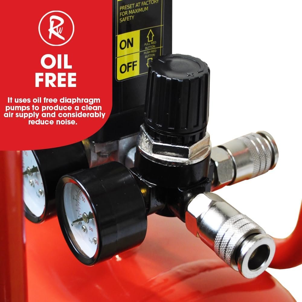 RocwooD Air Compressor Electric 24L Litre 1HP 750w Silent Portable Oil Free 8bar 116psi 5CFM Piece Accessories Kit Workshop Garage 230v Pin 13amp UK Plug Red Low Noise 21kg