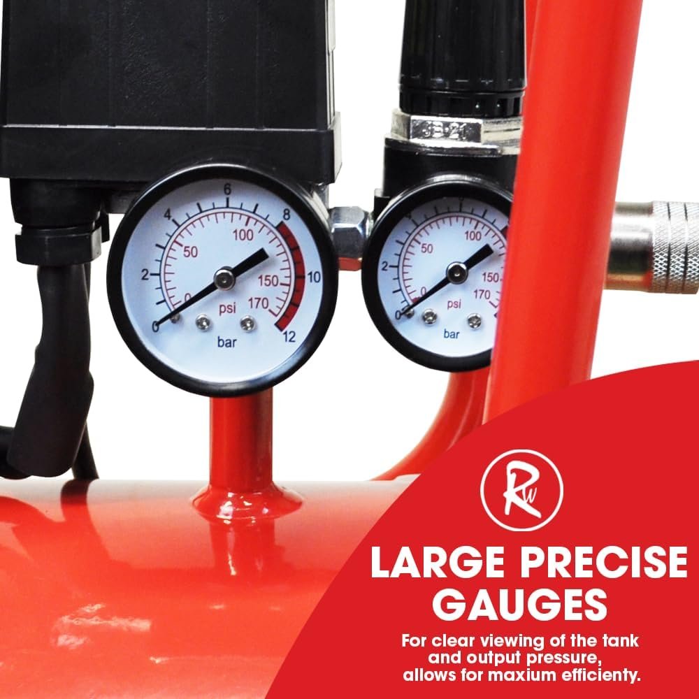 RocwooD Air Compressor Electric 24L Litre 1HP 750w Silent Portable Oil Free 8bar 116psi 5CFM Piece Accessories Kit Workshop Garage 230v Pin 13amp UK Plug Red Low Noise 21kg