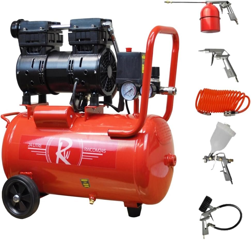 RocwooD Air Compressor Electric 24L Litre 1HP 750w Silent Portable Oil Free 8bar 116psi 5CFM Piece Accessories Kit Workshop Garage 230v Pin 13amp UK Plug Red Low Noise 21kg
