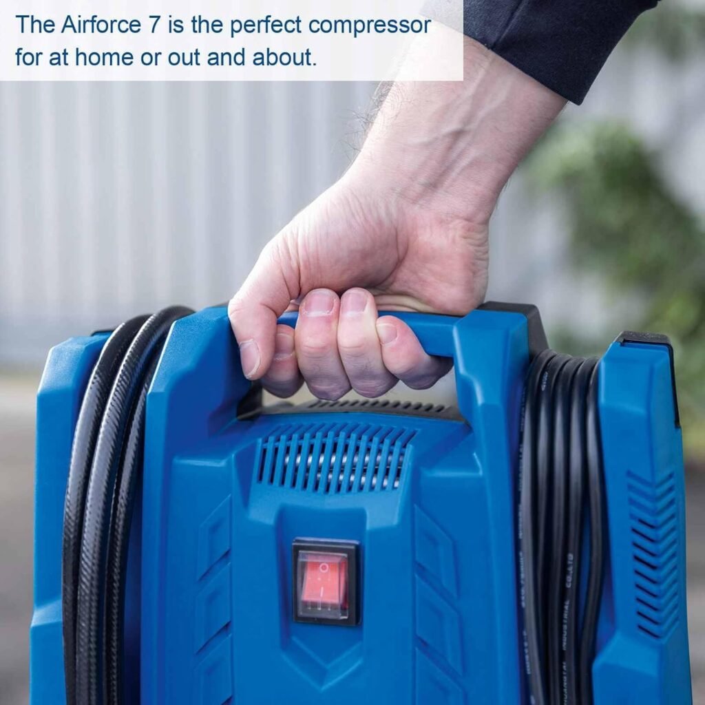 Scheppach Airforce Air Compressor | 1100W Portable Electric Tyre Bike Inflator | Bar | Inc. 4m Hose  Cable, Air Gun, Tyre Inflator Adapters