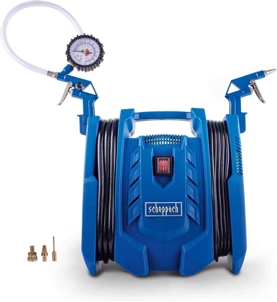 Scheppach Airforce Air Compressor | 1100W Portable Electric Tyre Bike Inflator | Bar | Inc. 4m Hose  Cable, Air Gun, Tyre Inflator Adapters