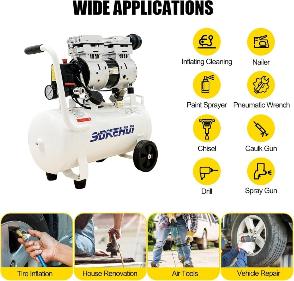750W Litre Oil Free Air Compressor dB Silent Compressed Air for Workshops with Copper Motor, Pressure Gauges, Safety Valve, Portable Design with Wheels and Handle