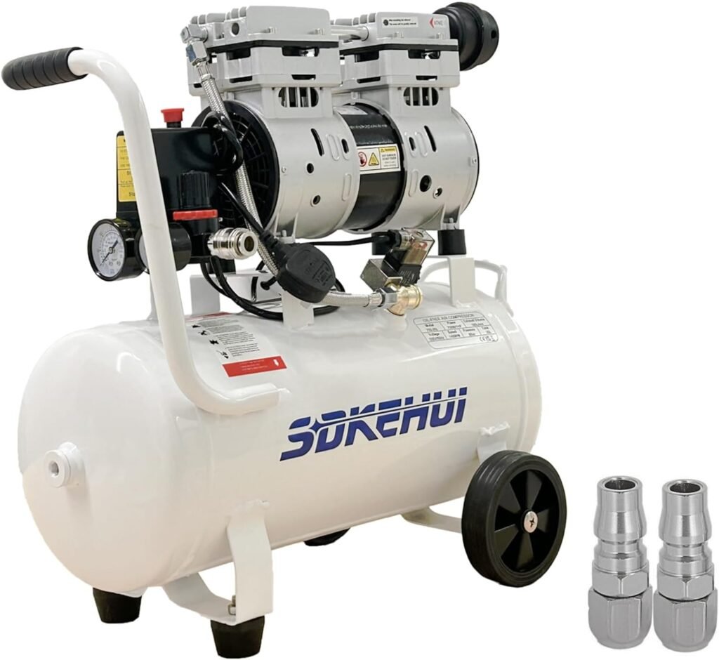 750W Litre Oil Free Air Compressor dB Silent Compressed Air for Workshops with Copper Motor, Pressure Gauges, Safety Valve, Portable Design with Wheels and Handle