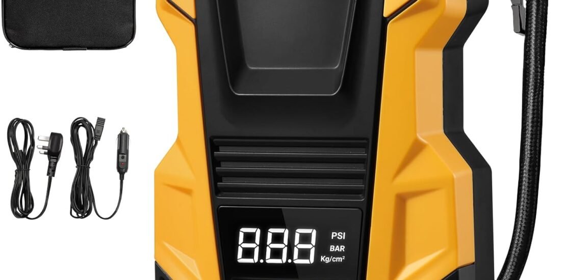 AstroAI Car Tyre Inflator Air Compressor, 240V Mains and 12V DC Dual Power Supply Tyre Pump with Digital Pressure Gauge, Max 150PSI Car Accessories Pumps for Cars Bike Motocycle Ball