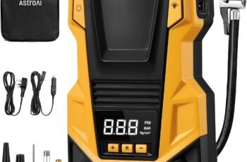 AstroAI Car Tyre Inflator Air Compressor, 240V Mains and 12V DC Dual Power Supply Tyre Pump with Digital Pressure Gauge, Max 150PSI Car Accessories Pumps for Cars Bike Motocycle Ball