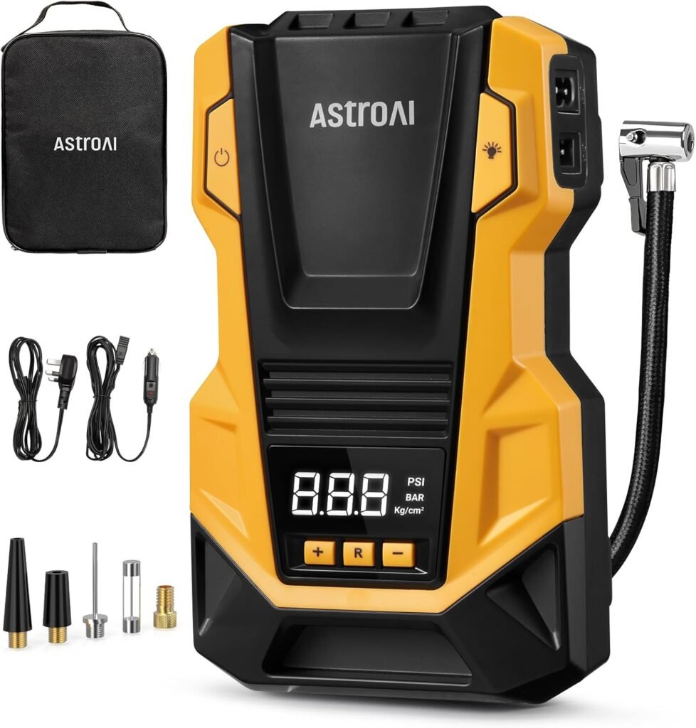 AstroAI Car Tyre Inflator Air Compressor, 240V Mains and 12V DC Dual Power Supply Tyre Pump with Digital Pressure Gauge, Max 150PSI Car Accessories Pumps for Cars Bike Motocycle Ball