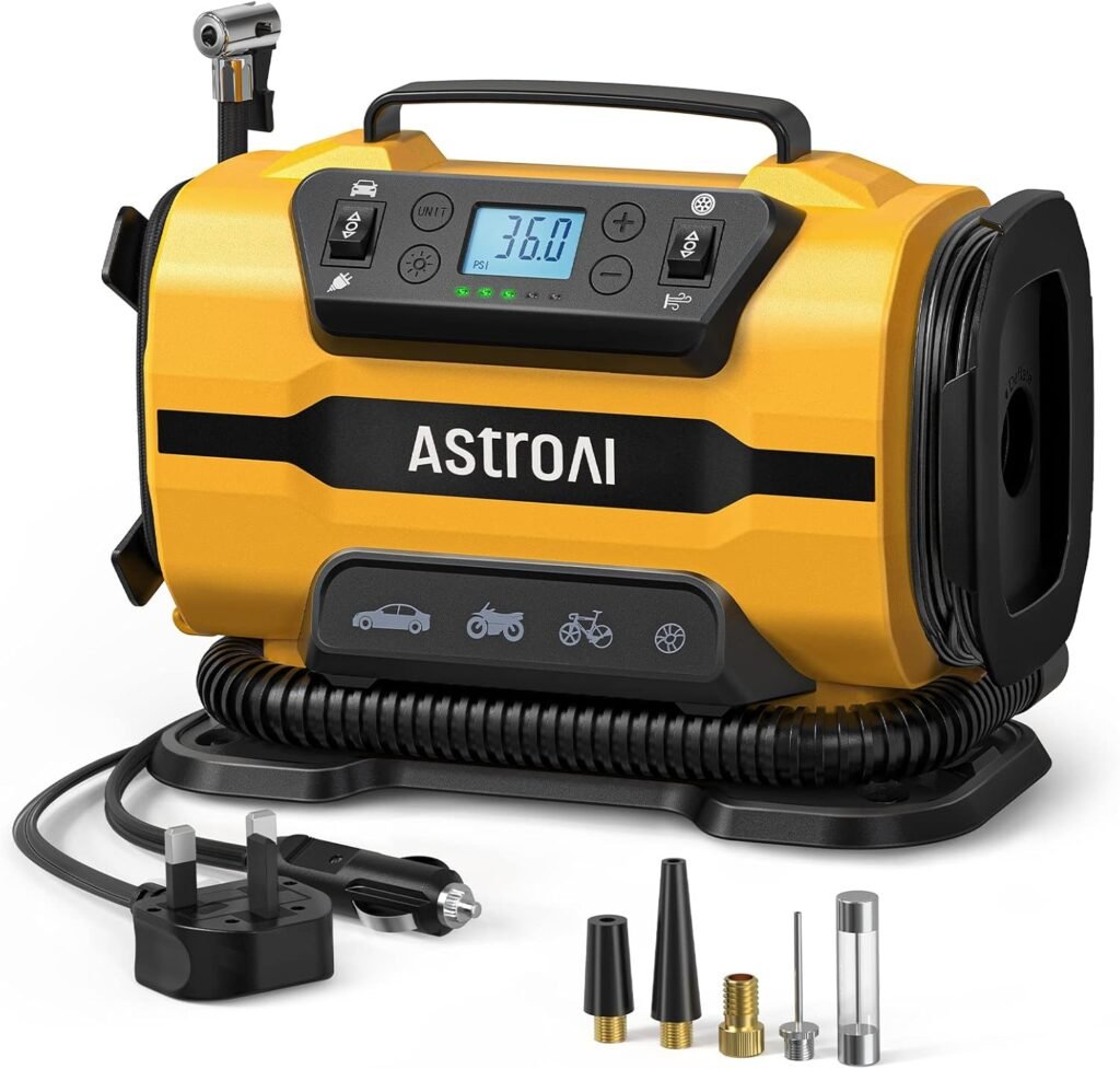 AstroAI Tyre Inflator Air Compressor Dual Power Supply 12V DC  240V AC, Car Tyre Pump with Dual Metal Motors, Car Accessories 150PSI  350LPM Dual Mode Air Pump for Car Tyres and Air Mattress Tent