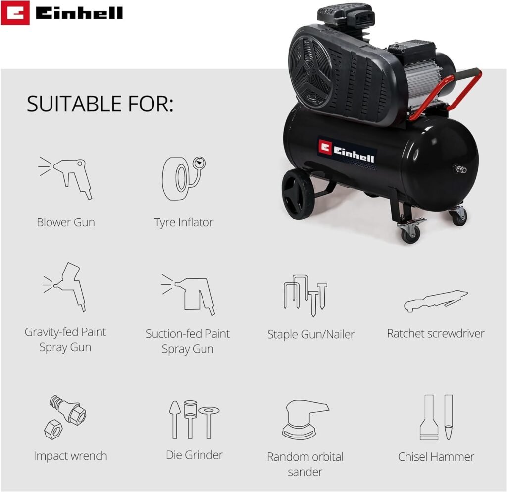 Einhell 50L Belt Driven Air Compressor 3000W, 240V, Bar, PSI, L/m Intake Capacity, Pressure Reducer, Quick Coupling - TE-AC/50/10 Compressor for Workshops
