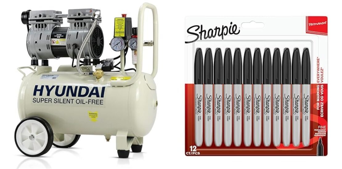 Hyundai HY7524 24 Litre Air Compressor, 5.2cfm/100psi, Silenced, Oil Free, 750w / 230v Direct Drive & Sharpie Permanent Markers | Fine Point for Bold Details | Black Ink | 12 Marker Pens