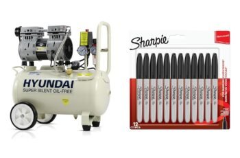 Hyundai HY7524 24 Litre Air Compressor, 5.2cfm/100psi, Silenced, Oil Free, 750w / 230v Direct Drive & Sharpie Permanent Markers | Fine Point for Bold Details | Black Ink | 12 Marker Pens