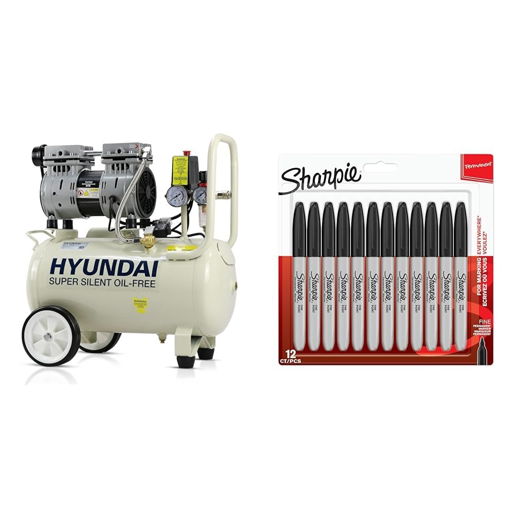 Hyundai HY7524 Litre Air Compressor, 5.2cfm/100psi, Silenced, Oil Free, 750w / 230v Direct Drive  Sharpie Permanent Markers | Fine Point for Bold Details | Black Ink | Marker Pens