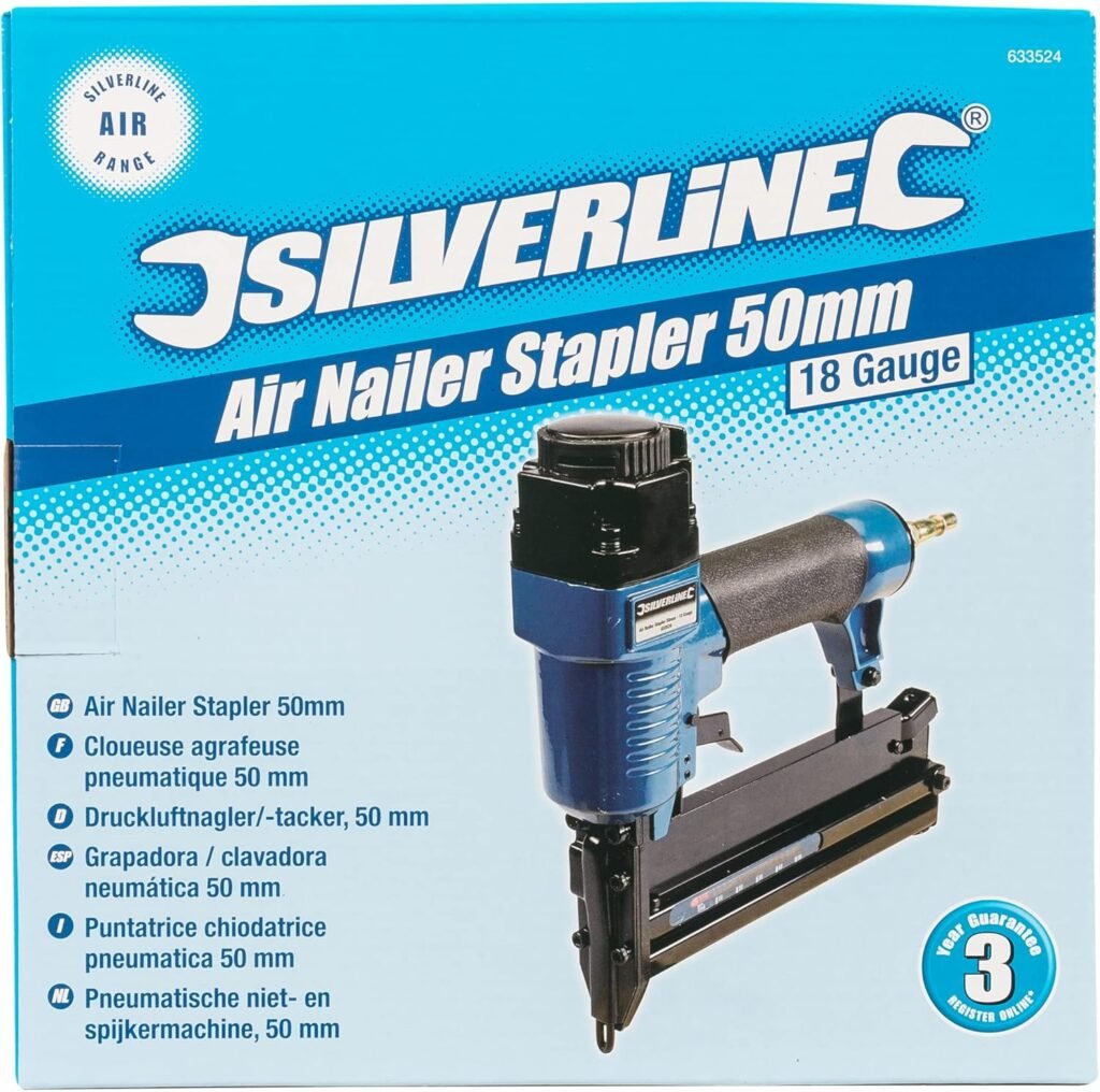 Silverline Air Nailer Stapler &ndash; 50mm, Gauge, Pneumatic Staple Gun for DIY Upholstery, Carpentry  Woodworking (633524)