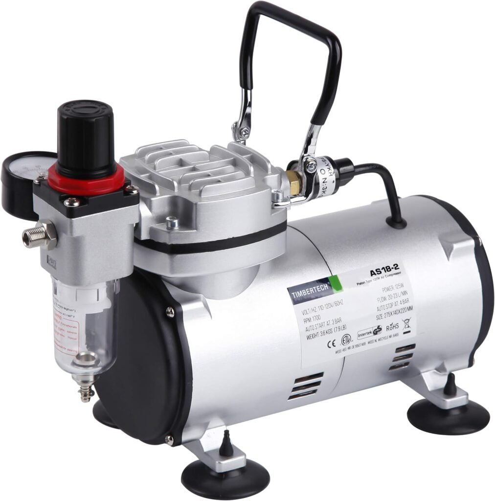 TIMBERTECH Airbrush Compressor AS18-2, Basic Mini Compressor, Bar/Auto Stop for Hobby Paint Body Tattoo Cake Decoration Model Painting Automotive Graphic Make-up TIMBERTECH Airbrush Compressor AS18-2, Basic Mini Compressor, Bar/Auto Stop for Hobby Paint Body Tattoo Cake Decoration Model Painting Automotive Graphic Make-up