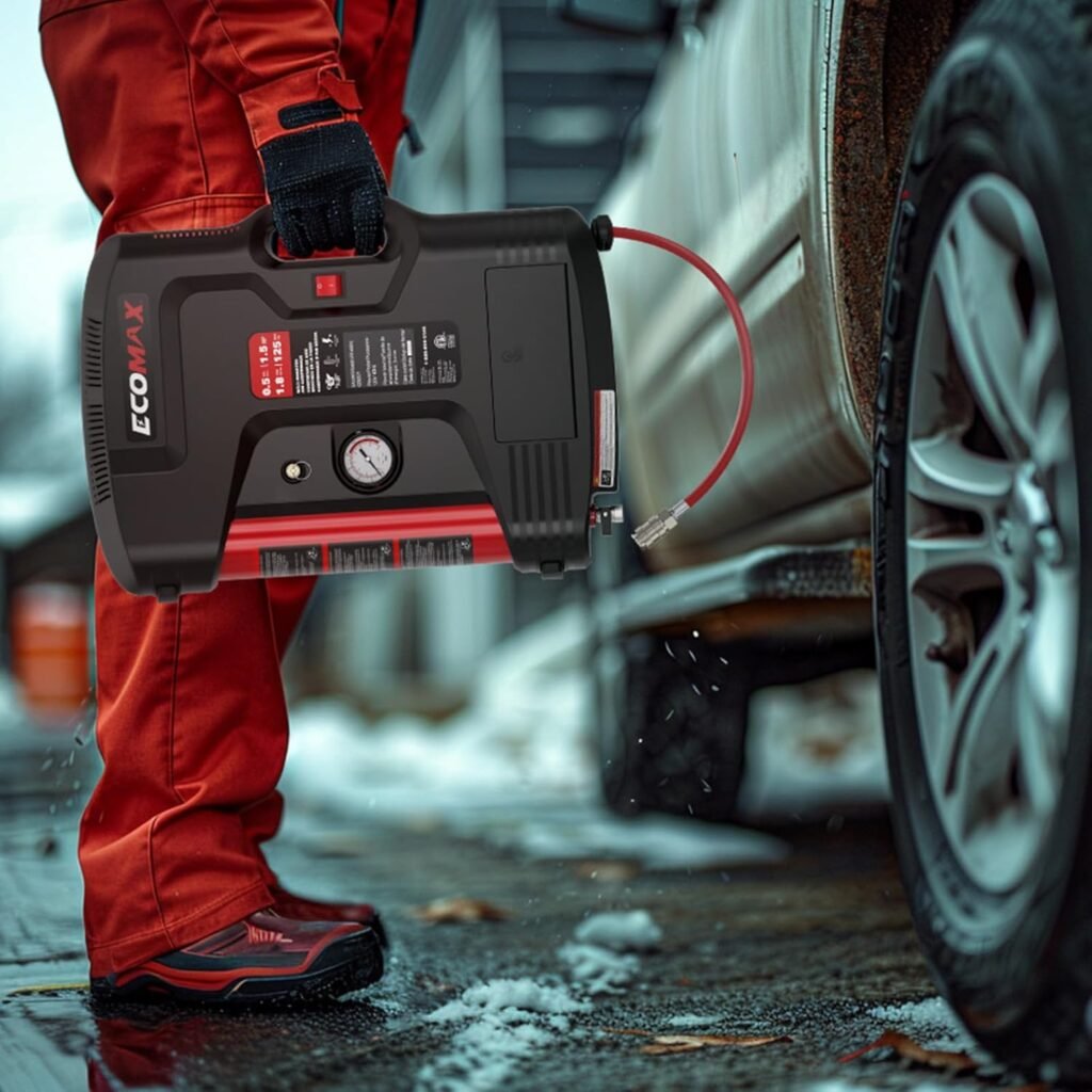 ECOMAX Portable Air Compressor, Wall Compressor with Air Hose Feet, Mini Maximum Pressure Tank PSI 1.5 Hp, Oil-free Long Life Cycle for Workshop, Garage and Home