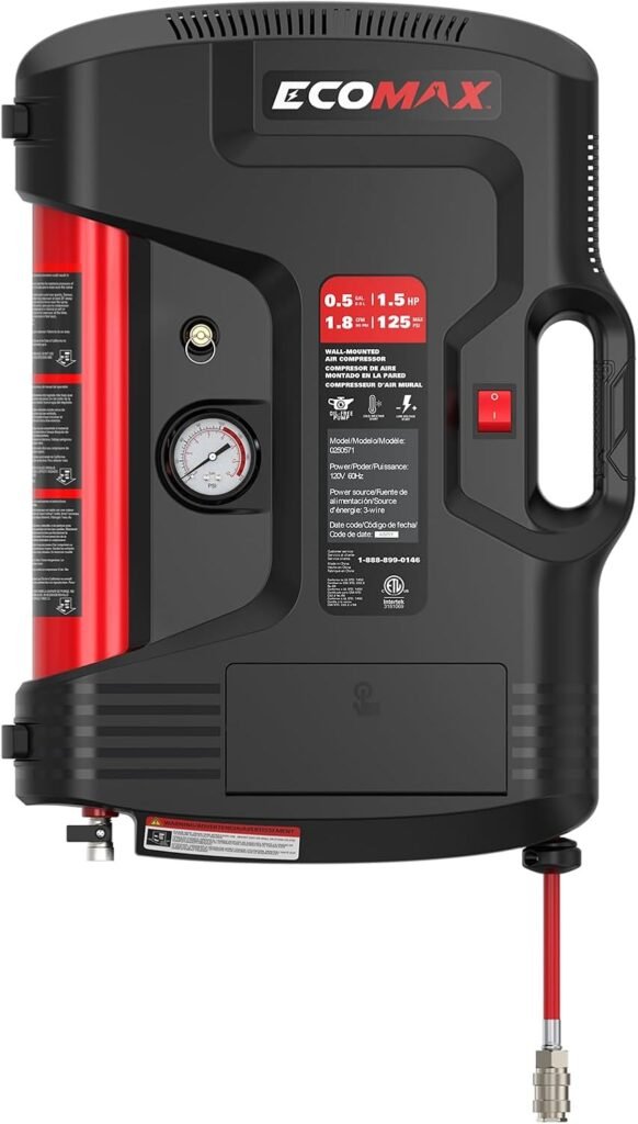 ECOMAX Portable Air Compressor, Wall Compressor with Air Hose Feet, Mini Maximum Pressure Tank PSI 1.5 Hp, Oil-free Long Life Cycle for Workshop, Garage and Home