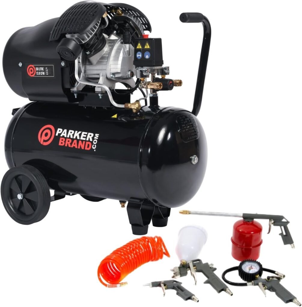 ParkerBrand.com 50L Air Compressor - Direct Drive | 3HP, 13.8 CFM | Complete with 5-Piece Air Tool Kit ParkerBrand.com 50L Air Compressor - Direct Drive | 3HP, 13.8 CFM | Complete with 5-Piece Air Tool Kit